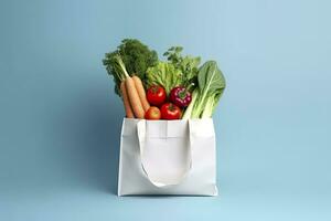 AI generated Grocery full bag. white shopping bag with vegetables in light blue background. Generative AI photo