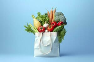 AI generated Grocery full bag. white shopping bag with vegetables in light blue background. Generative AI photo