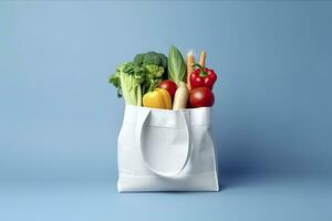 ai generado tienda de comestibles lleno bolsa. blanco compras bolso con vegetales en ligero azul antecedentes. generativo ai foto