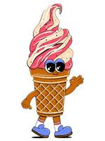 Cute ice cream character in retro cartoon style. Vector colorful illustration of ice cream mascot for cafe, restaurant, menu.