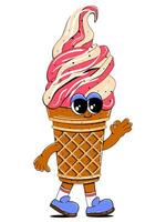 Cute ice cream character in retro cartoon style. Vector colorful illustration of ice cream mascot for cafe, restaurant, menu.