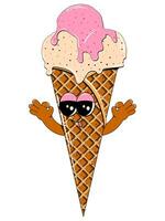 Cute ice cream character in retro cartoon style. Vector colorful illustration of ice cream mascot for cafe, restaurant, menu.