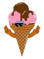 Cute ice cream character in retro cartoon style. Vector colorful illustration of ice cream mascot for cafe, restaurant, menu.