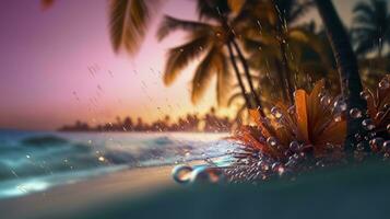 ai generado playa con olas y Coco arboles a puesta de sol. generativo ai foto