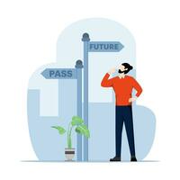 Past and future concept, Society's choice between past and future, Business alternatives, Future metaphor, Modern flat cartoon style, Vector illustration on a white background.