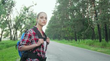 encantador mulher com mochila pedindo carona em campo estrada video