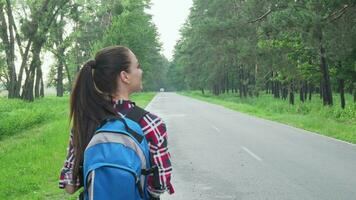 Happy female backpacker admiring nature walking on countryside road video