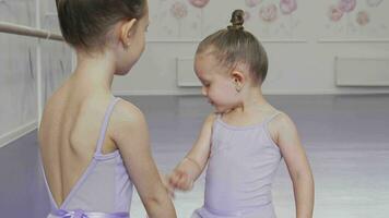 adorável pequeno bailarinas tendo Diversão às balé escola video