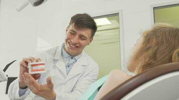 pequeno menina sorridente para a Câmera dentista segurando dentes modelo em costas video