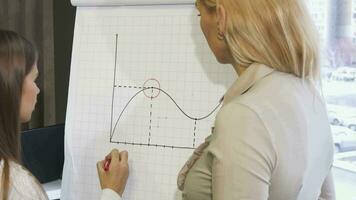 Rearview shot of two business women drawing business graphics on the board video