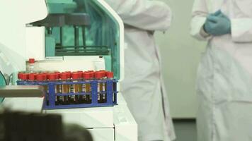 Blurred shooting of two technicians who stand behind the stand with test tubes video