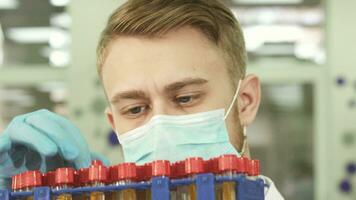 A serious lab technician studies test tubes with assays video