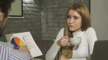 Attractive businesswoman discussing diagram with her colleague video