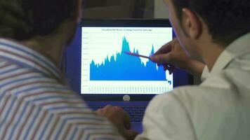 Rearview close up of two businessmen discussing diagram on the laptop screen video