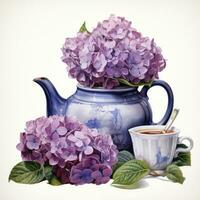 AI generated Watercolor hydrangeas in teapot isolated on white background. AI Generated photo