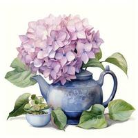 AI generated Watercolor hydrangeas in teapot isolated on white background. AI Generated photo