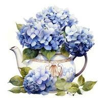 AI generated Watercolor hydrangeas in teapot isolated on white background. AI Generated photo