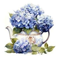 AI generated Watercolor hydrangeas in teapot isolated on white background. AI Generated photo