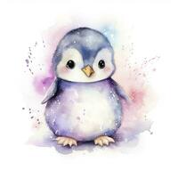 AI generated Watercolor fantasy Baby Penguin clip art isolated white background. AI Generated photo