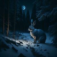 AI Generated rabbit in the night winter forest photo