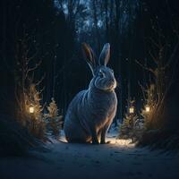 AI Generated rabbit in the night winter forest photo