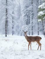 ai generado hermosa rojo ciervo ciervo en nieve cubierto invierno bosque paisaje foto