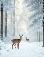 ai generado hermosa rojo ciervo ciervo en nieve cubierto invierno bosque paisaje foto