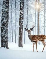 ai generado hermosa rojo ciervo ciervo en nieve cubierto invierno bosque paisaje foto