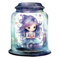 AI generated Watercolor Fantasy Pastel Goth Tiny Fairy in a Jar. AI Generated photo