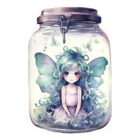 AI generated Watercolor Fantasy Pastel Goth Tiny Fairy in a Jar. AI Generated photo