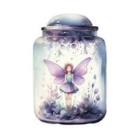 AI generated Watercolor Fantasy Pastel Goth Tiny Fairy in a Jar. AI Generated photo