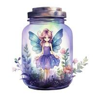 AI generated Watercolor Fantasy Pastel Goth Tiny Fairy in a Jar. AI Generated photo