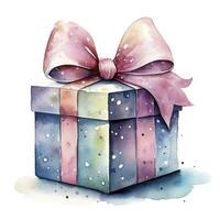 AI generated Watercolor birthday present with box and ribon isolated on white background.  AI Generated photo