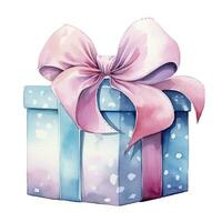 AI generated Watercolor birthday present with box and ribon isolated on white background.  AI Generated photo