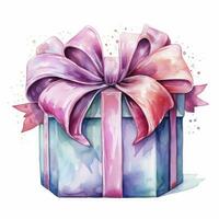 AI generated Watercolor birthday present with box and ribon isolated on white background.  AI Generated photo