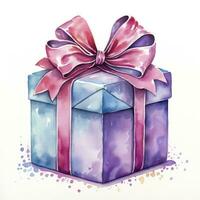 AI generated Watercolor Gift box and ribon isolated on white background. photo