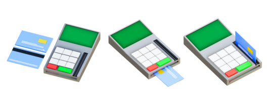 3d renderen van credit kaart met vegen machine, kaart betaling png