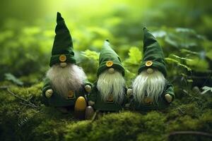 AI generated Toy Irish gnomes in a mystery forest, abstract green natural background. Generative AI photo