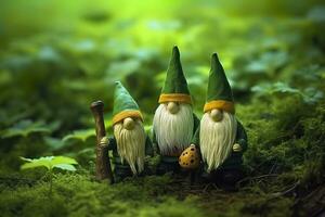 AI generated Toy Irish gnomes in a mystery forest, abstract green natural background. Generative AI photo