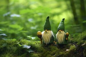 AI generated Toy Irish gnomes in a mystery forest, abstract green natural background. Generative AI photo