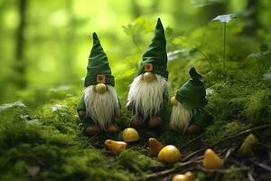 AI generated Toy Irish gnomes in a mystery forest, abstract green natural background. Generative AI photo