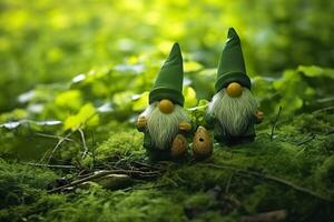 AI generated Toy Irish gnomes in a mystery forest, abstract green natural background. Generative AI photo