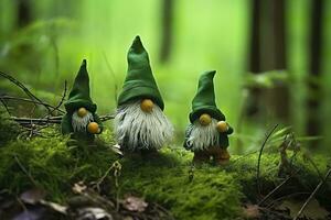 AI generated Toy Irish gnomes in a mystery forest, abstract green natural background. Generative AI photo