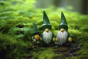 AI generated Toy Irish gnomes in a mystery forest, abstract green natural background. Generative AI photo