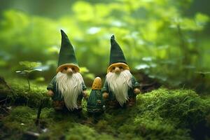 AI generated Toy Irish gnomes in a mystery forest, abstract green natural background. Generative AI photo