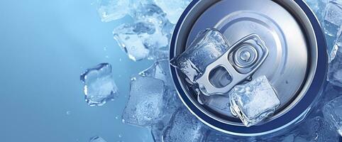 AI generated Top of drink tin can iced submerged in frost ice, metal aluminum beverage. Generative AI photo