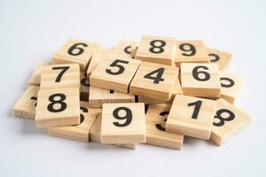 Math number wooden on white background, education study mathematics learning teach concept. photo