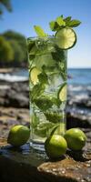 AI generated Stunning photo of cocktail mojito, a sunny summer beach in the background. Generative AI