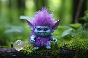 AI generated Tale troll with crystals in the forest, natural green background. Generative AI photo