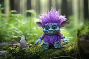 AI generated Tale troll with crystals in the forest, natural green background. Generative AI photo